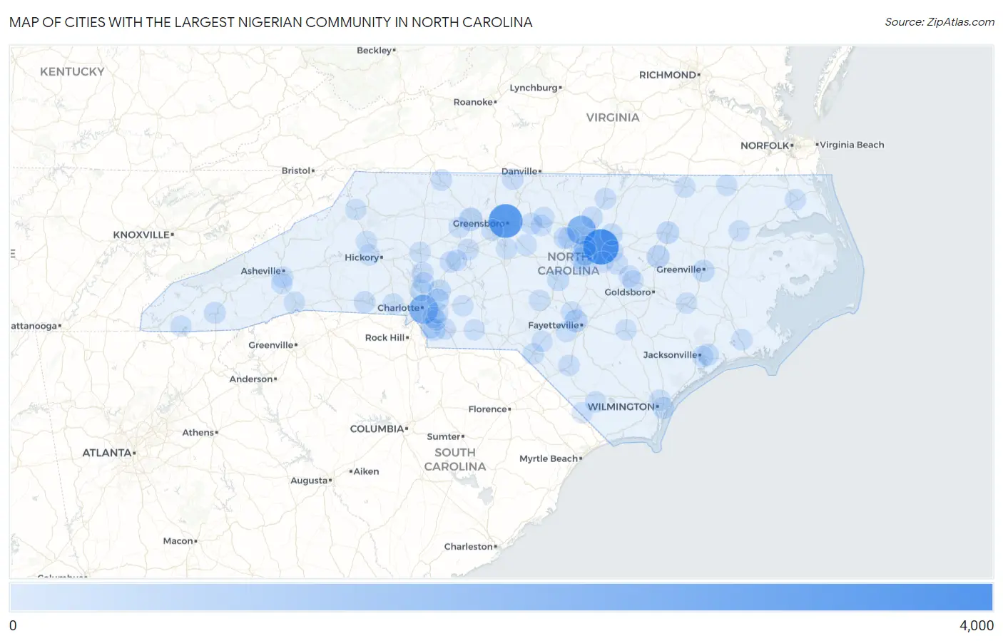Cities with the Largest Nigerian Community in North Carolina Map