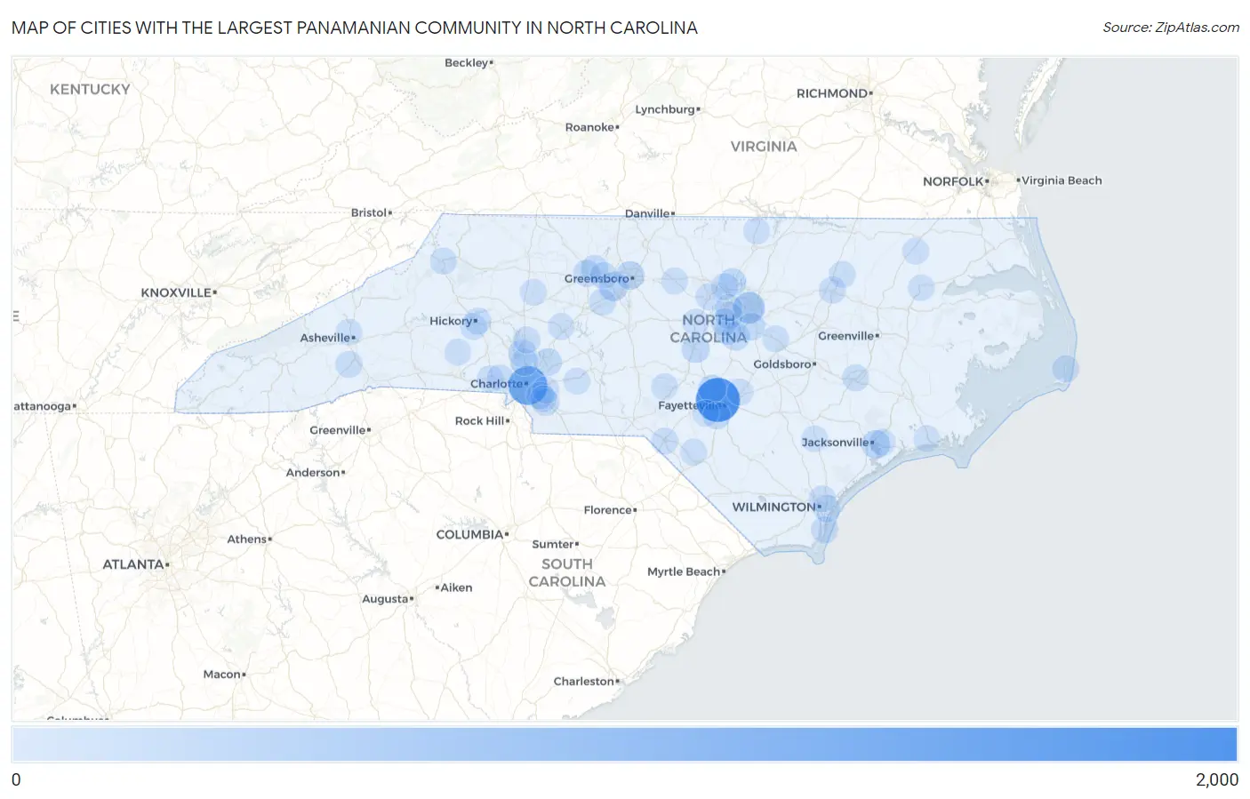Cities with the Largest Panamanian Community in North Carolina Map