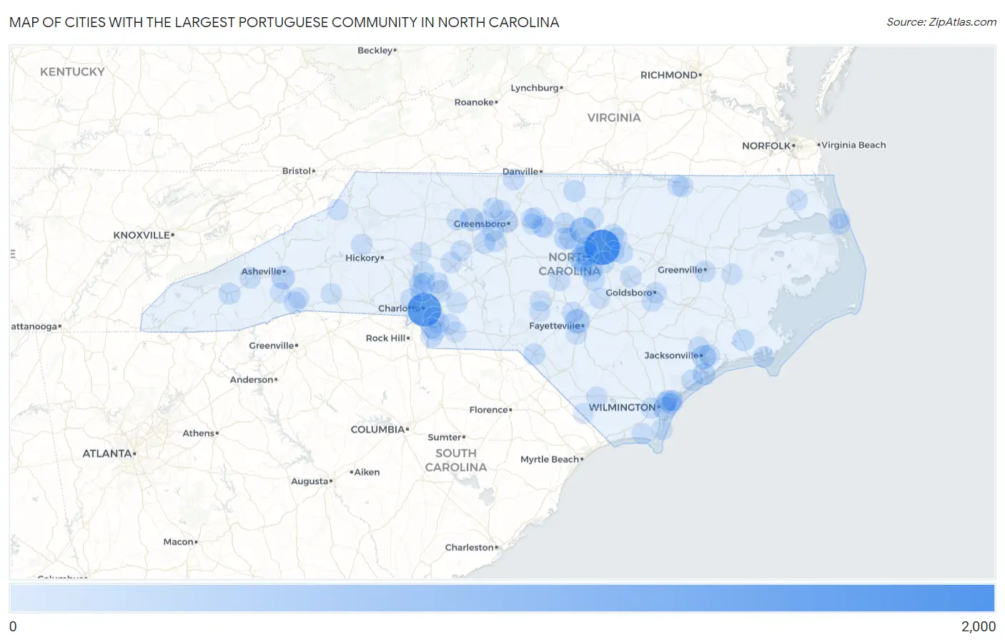 Cities with the Largest Portuguese Community in North Carolina Map