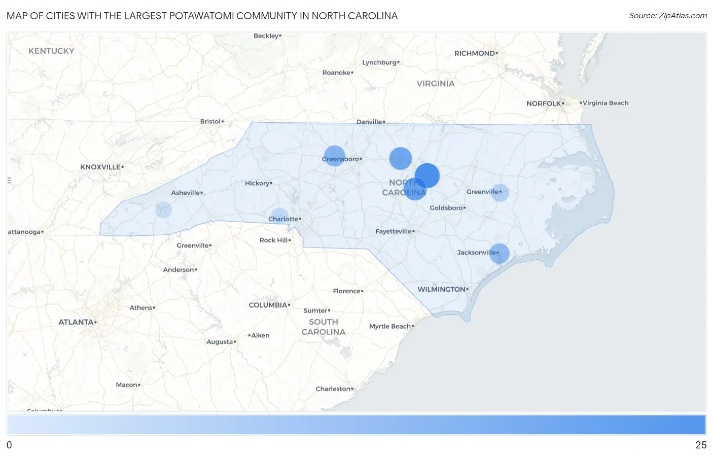 Cities with the Largest Potawatomi Community in North Carolina Map