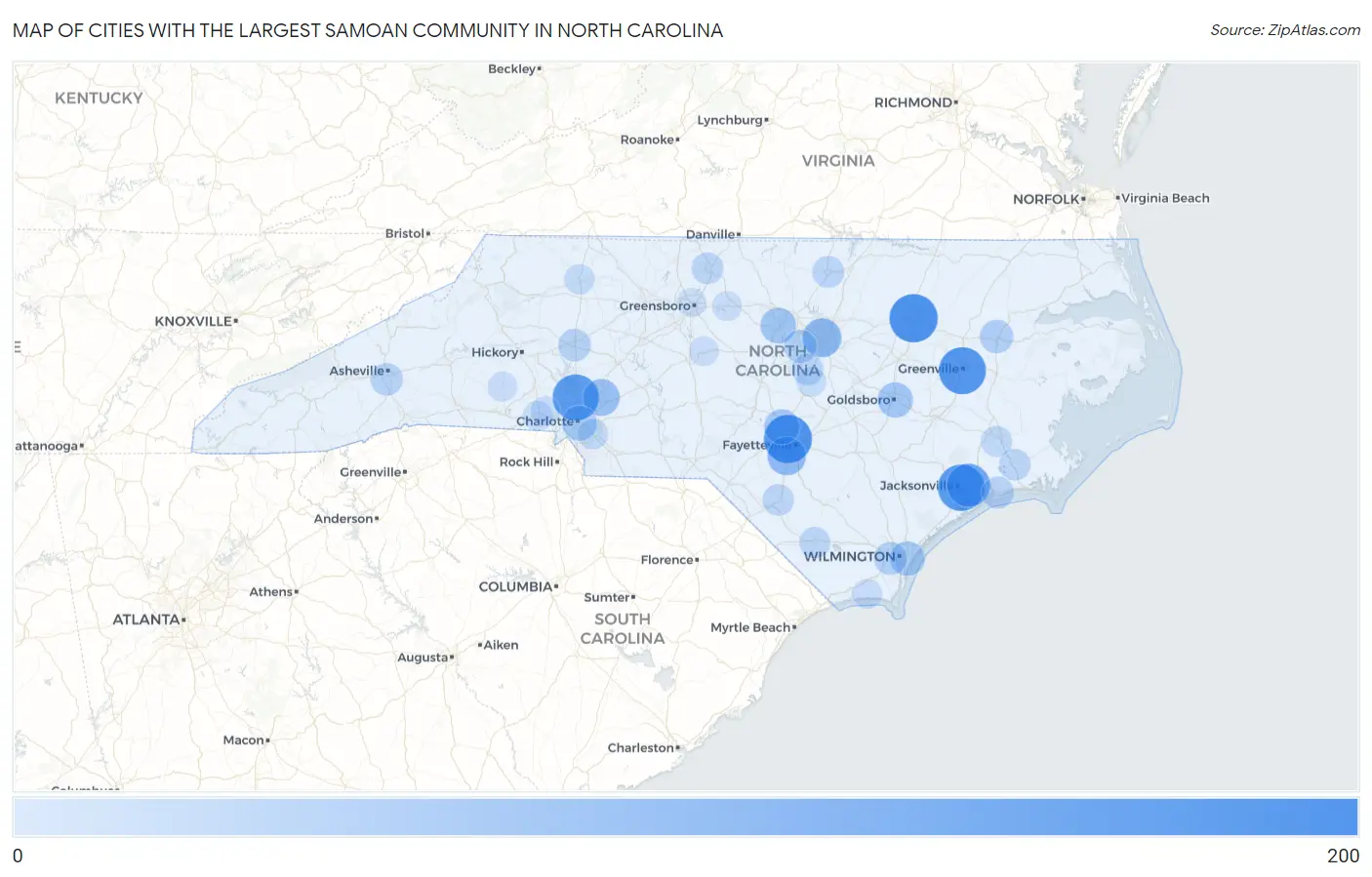 Cities with the Largest Samoan Community in North Carolina Map