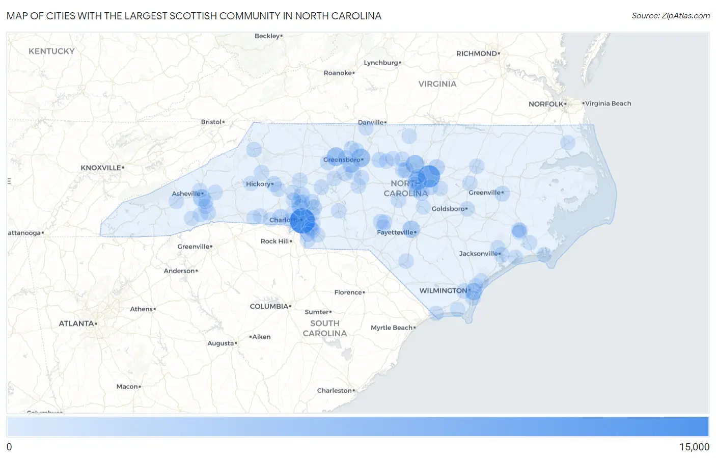 Cities with the Largest Scottish Community in North Carolina Map