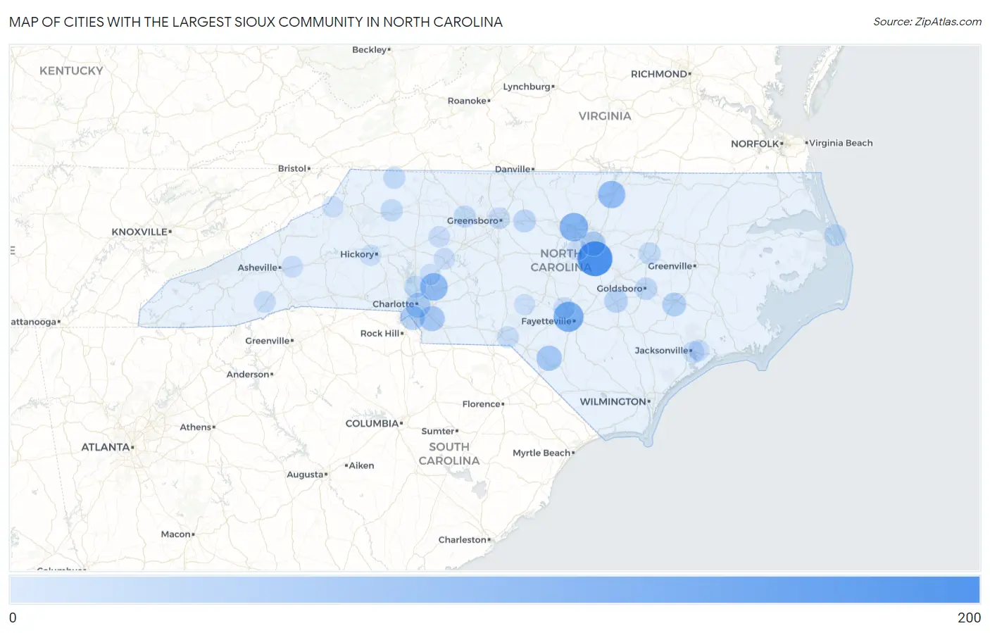 Cities with the Largest Sioux Community in North Carolina Map