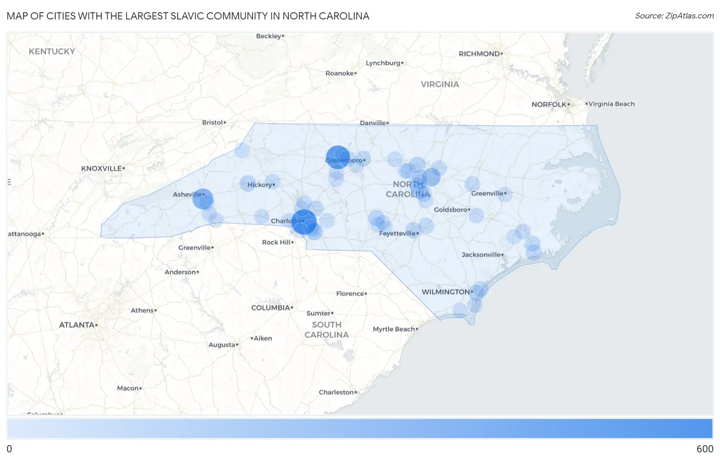 Cities with the Largest Slavic Community in North Carolina Map