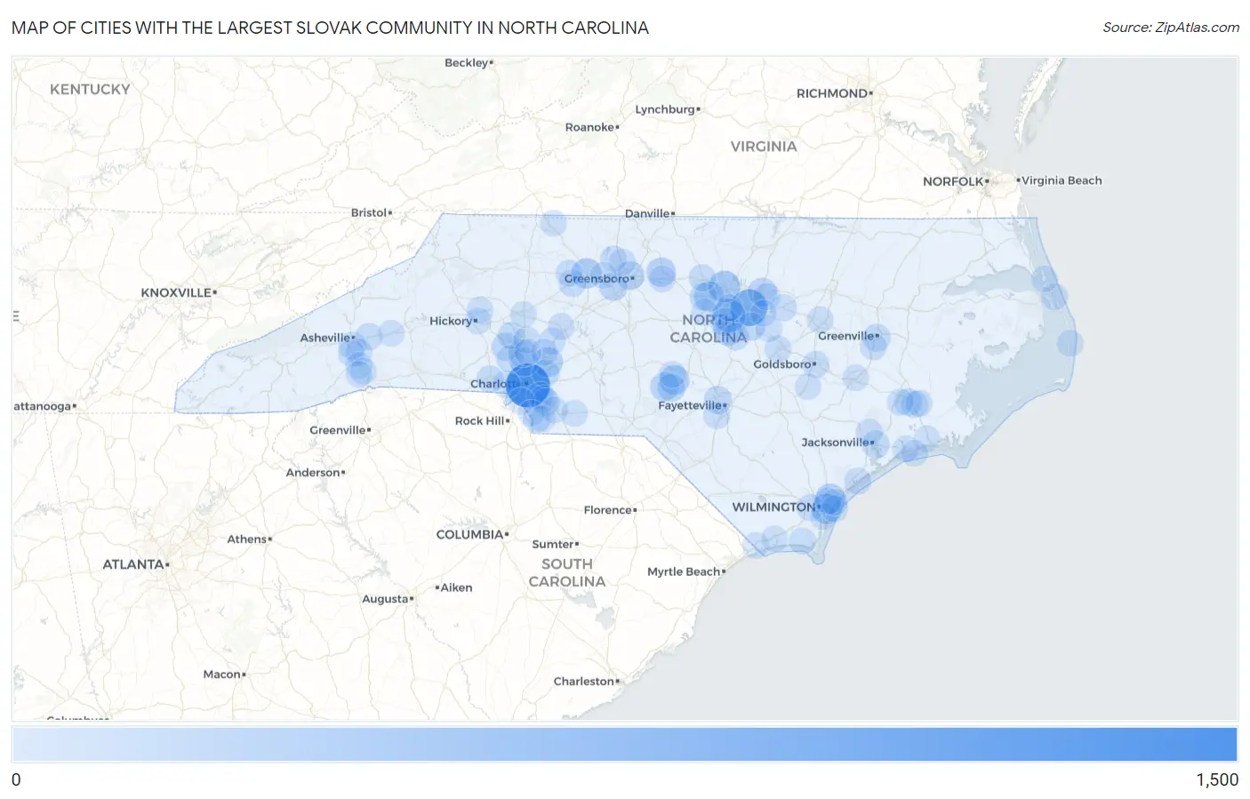 Cities with the Largest Slovak Community in North Carolina Map