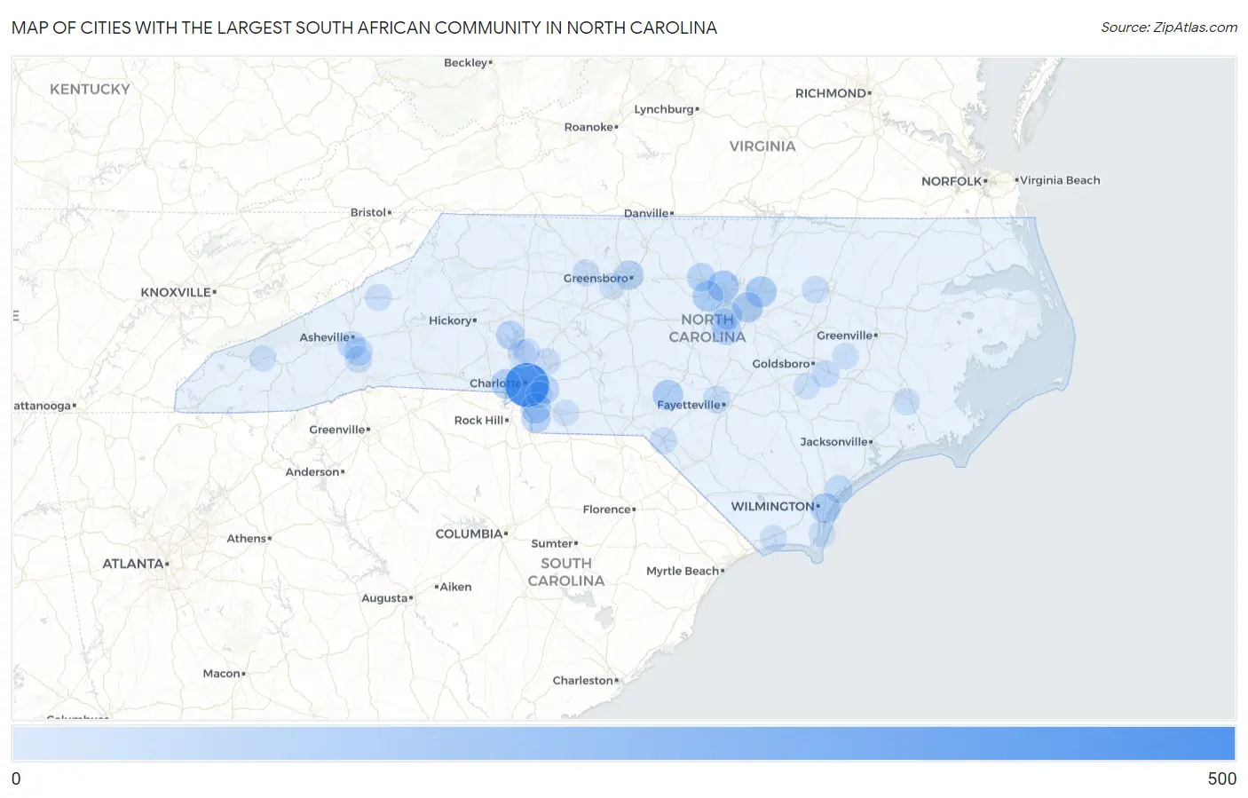 Cities with the Largest South African Community in North Carolina Map