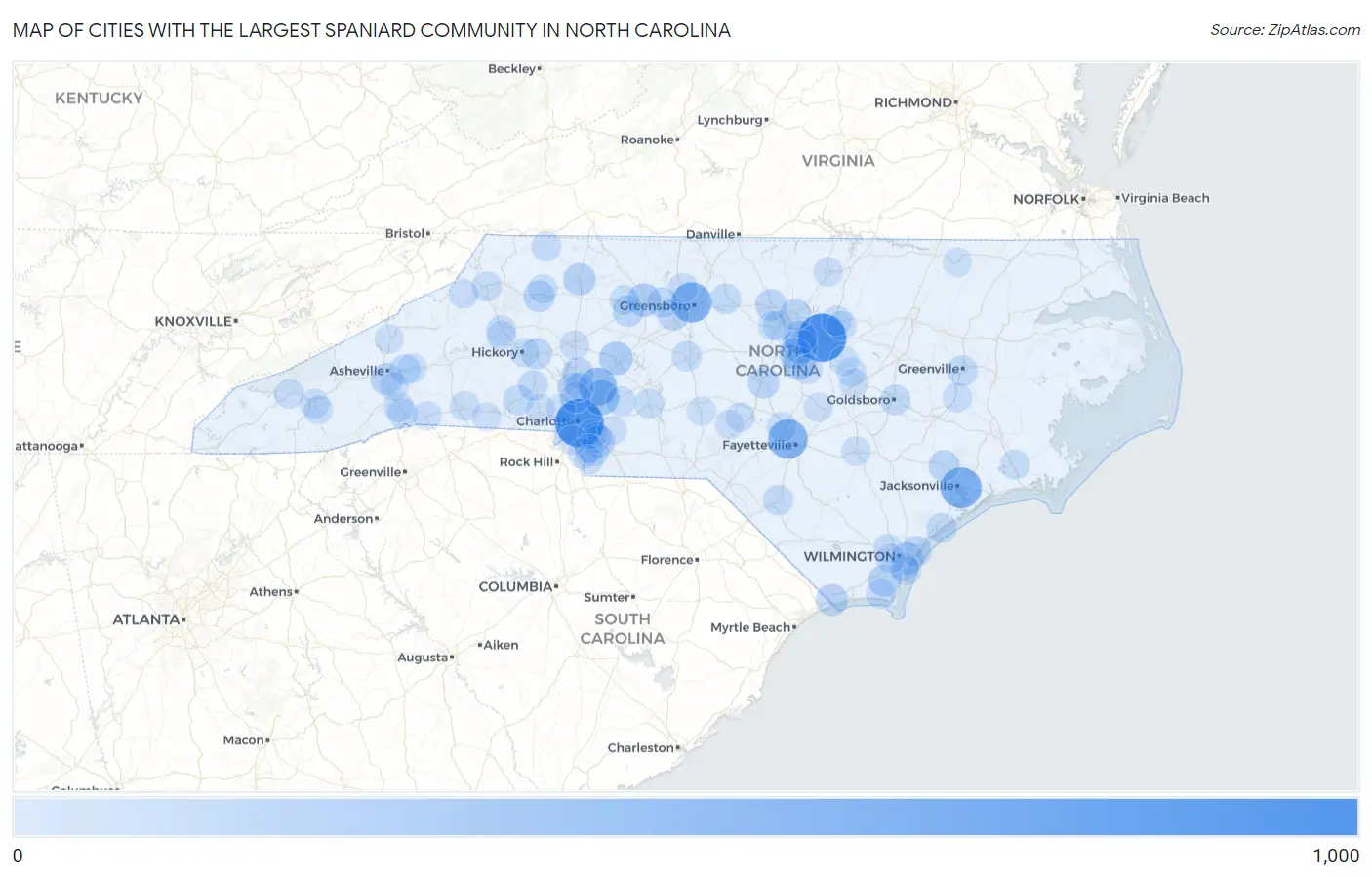Cities with the Largest Spaniard Community in North Carolina Map