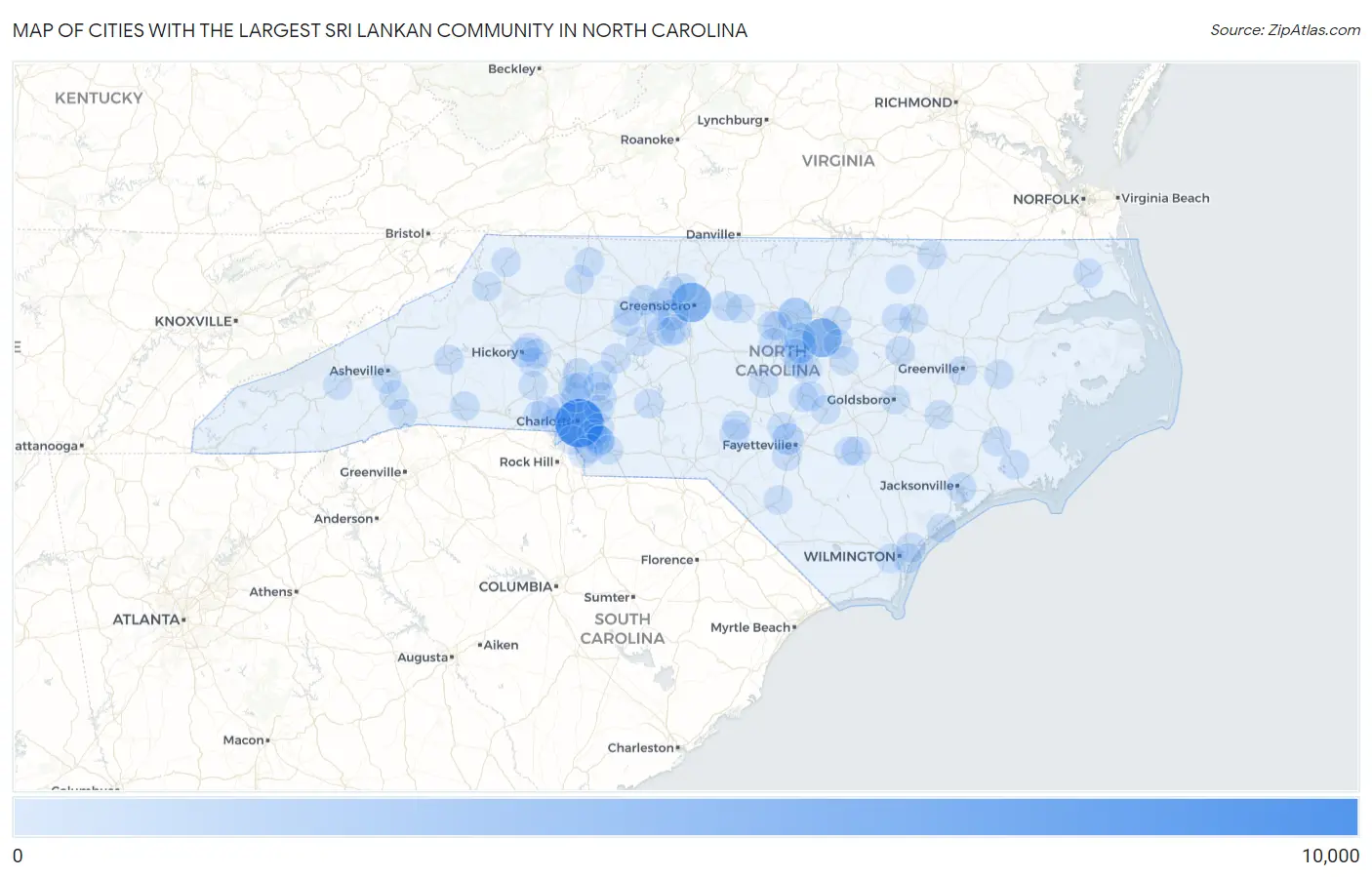 Cities with the Largest Sri Lankan Community in North Carolina Map