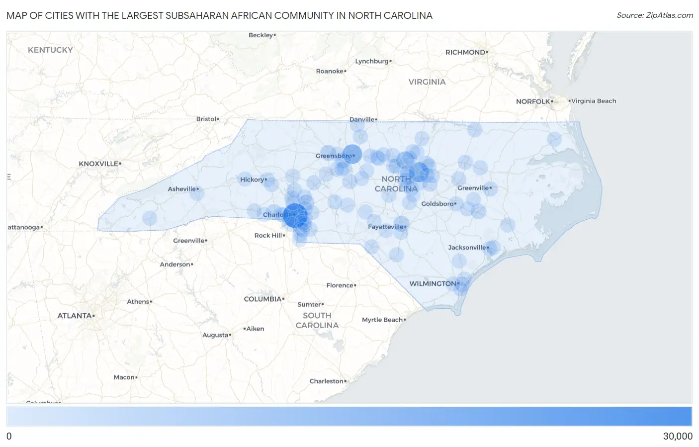 Cities with the Largest Subsaharan African Community in North Carolina Map