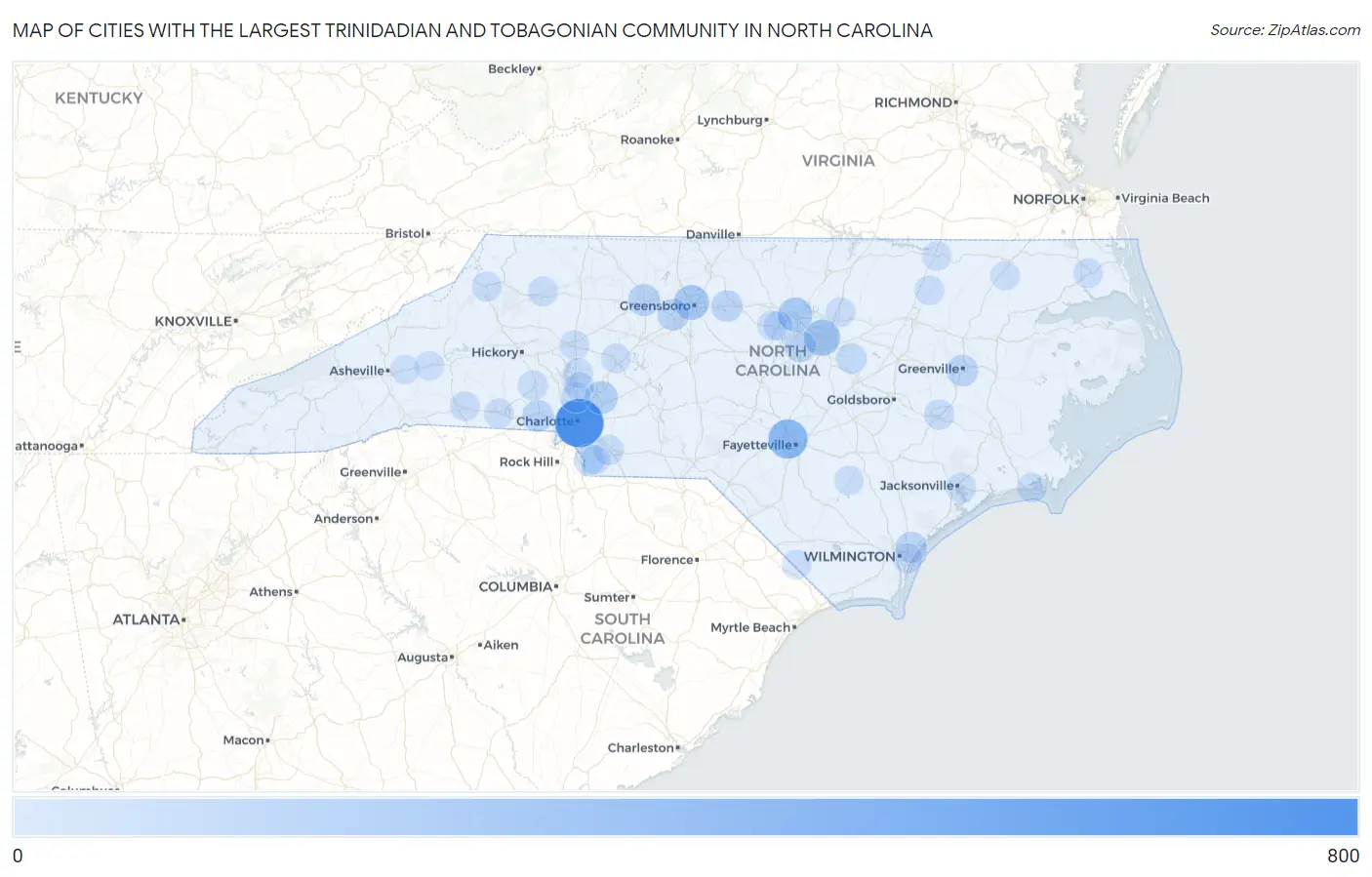 Cities with the Largest Trinidadian and Tobagonian Community in North Carolina Map