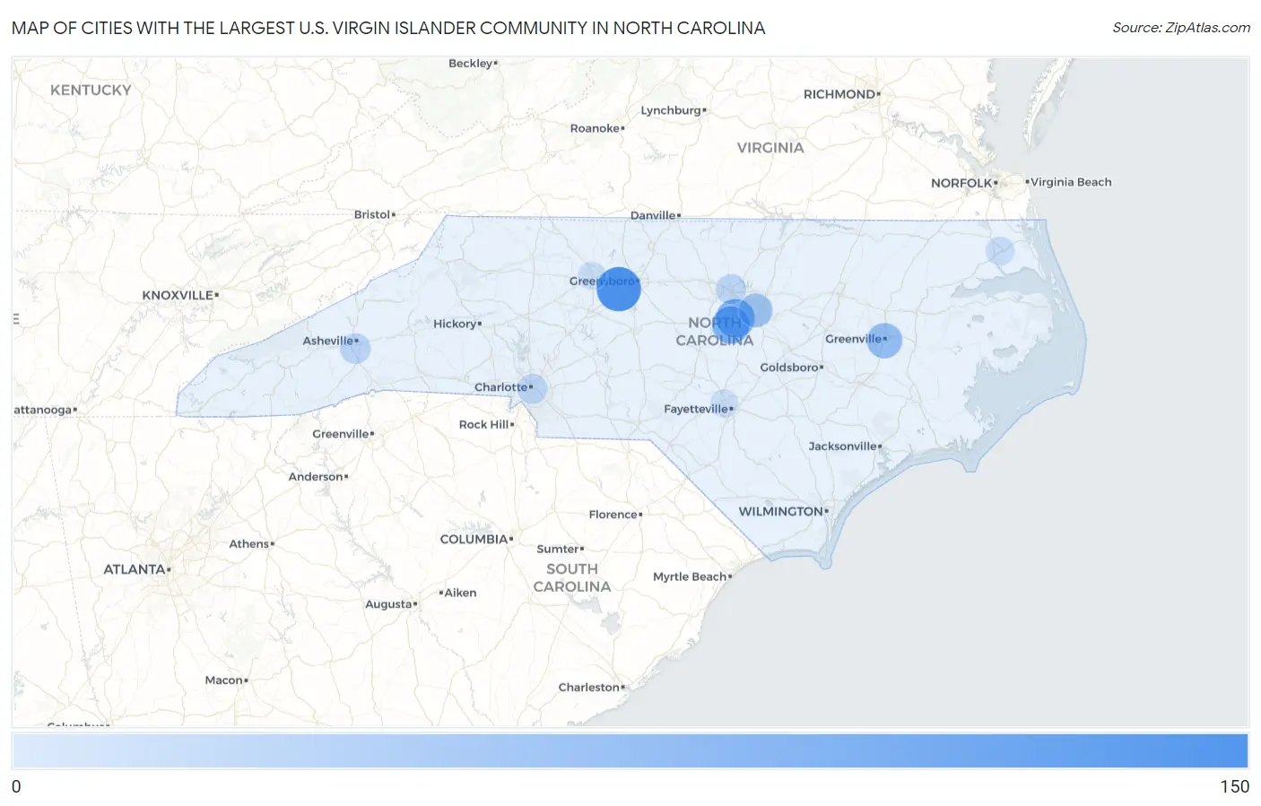 Cities with the Largest U.S. Virgin Islander Community in North Carolina Map