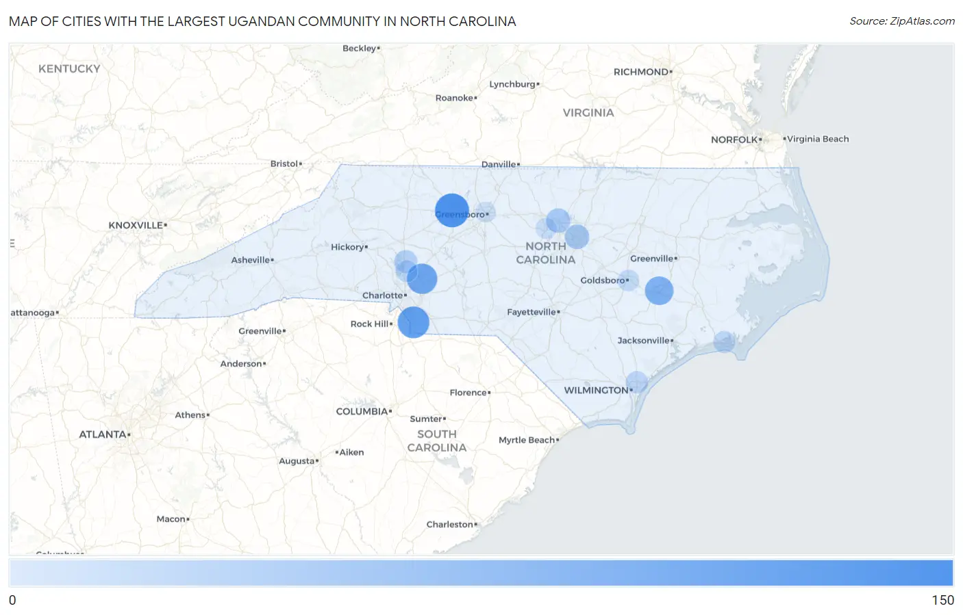 Cities with the Largest Ugandan Community in North Carolina Map
