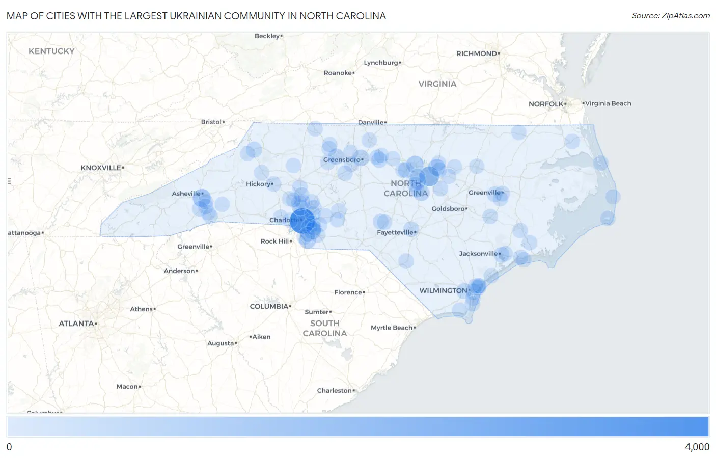 Cities with the Largest Ukrainian Community in North Carolina Map