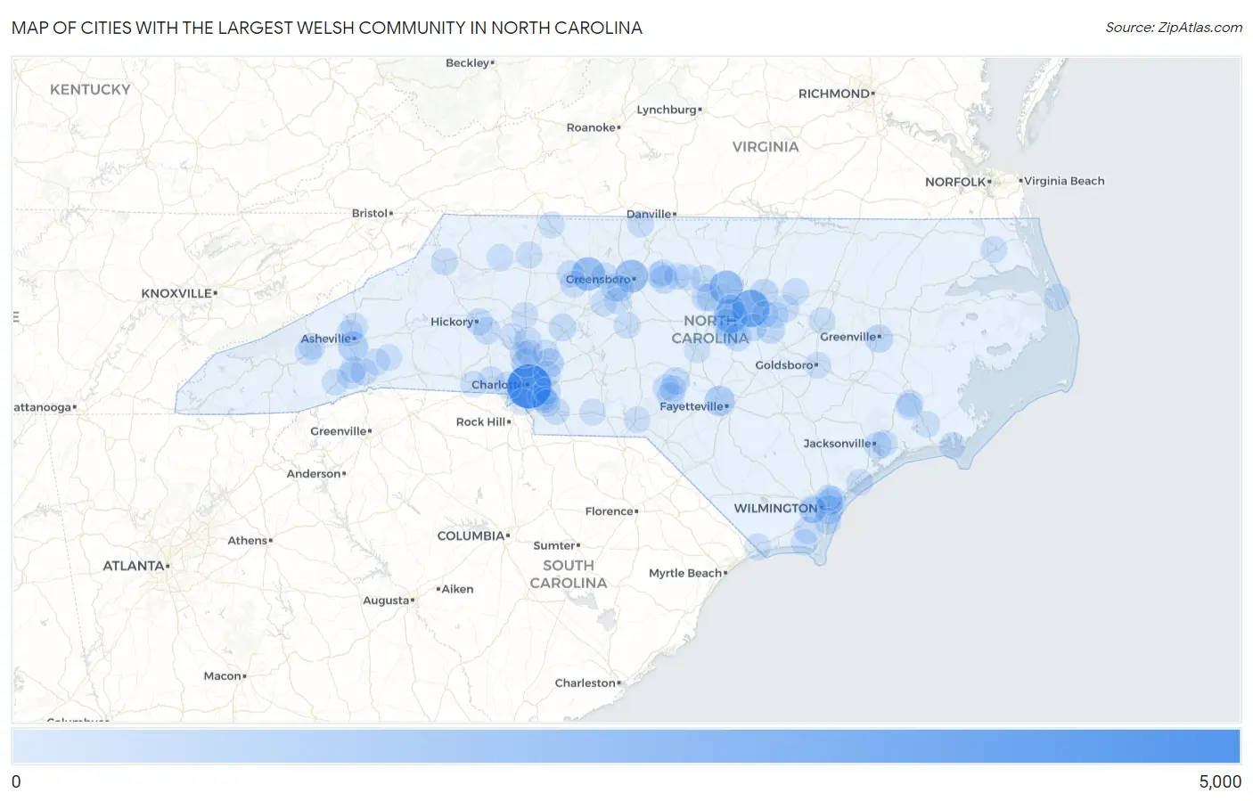 Cities with the Largest Welsh Community in North Carolina Map
