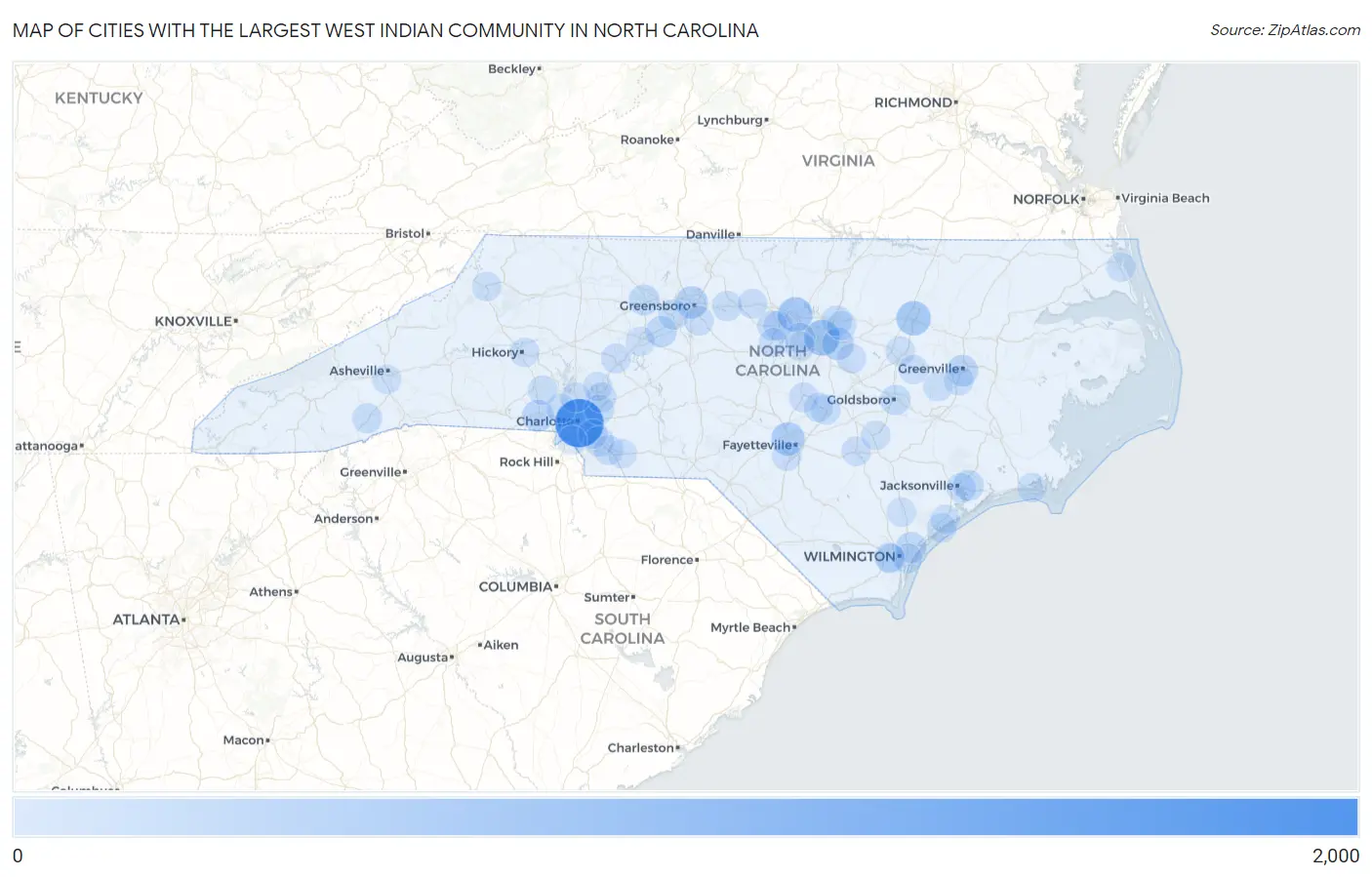 Cities with the Largest West Indian Community in North Carolina Map