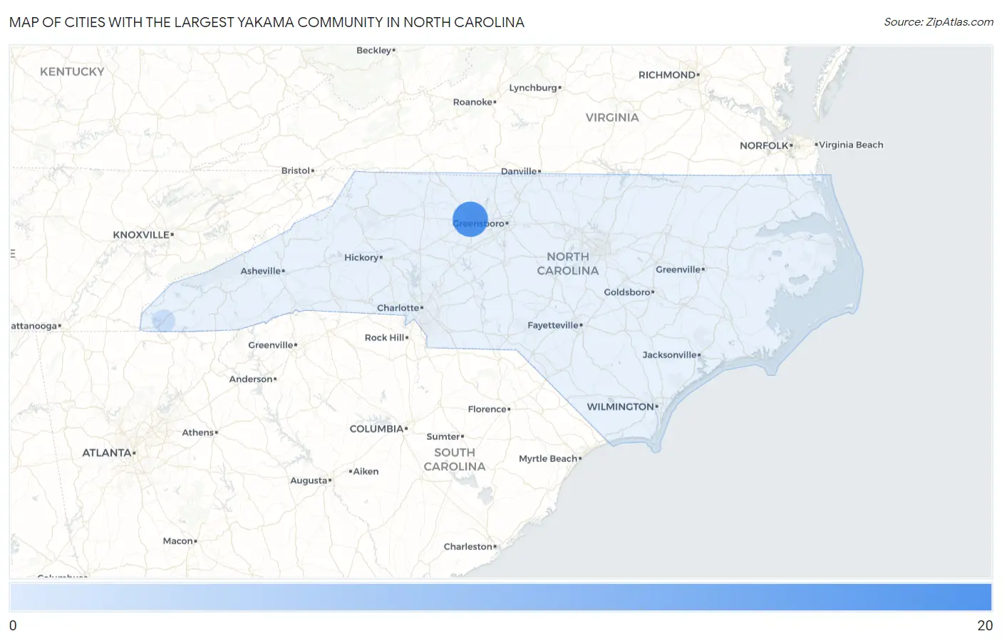 Cities with the Largest Yakama Community in North Carolina Map