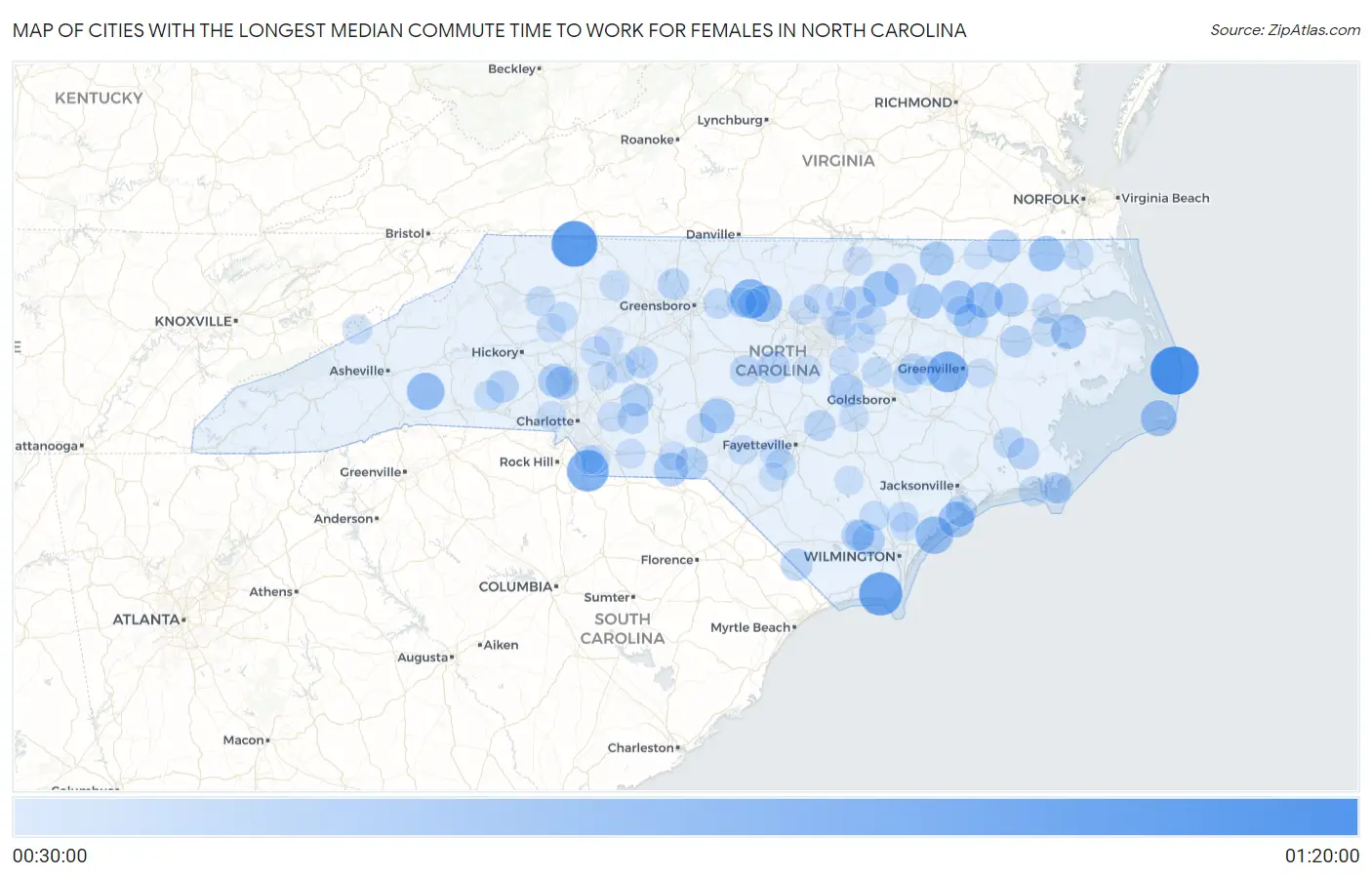 Cities with the Longest Median Commute Time to Work for Females in North Carolina Map