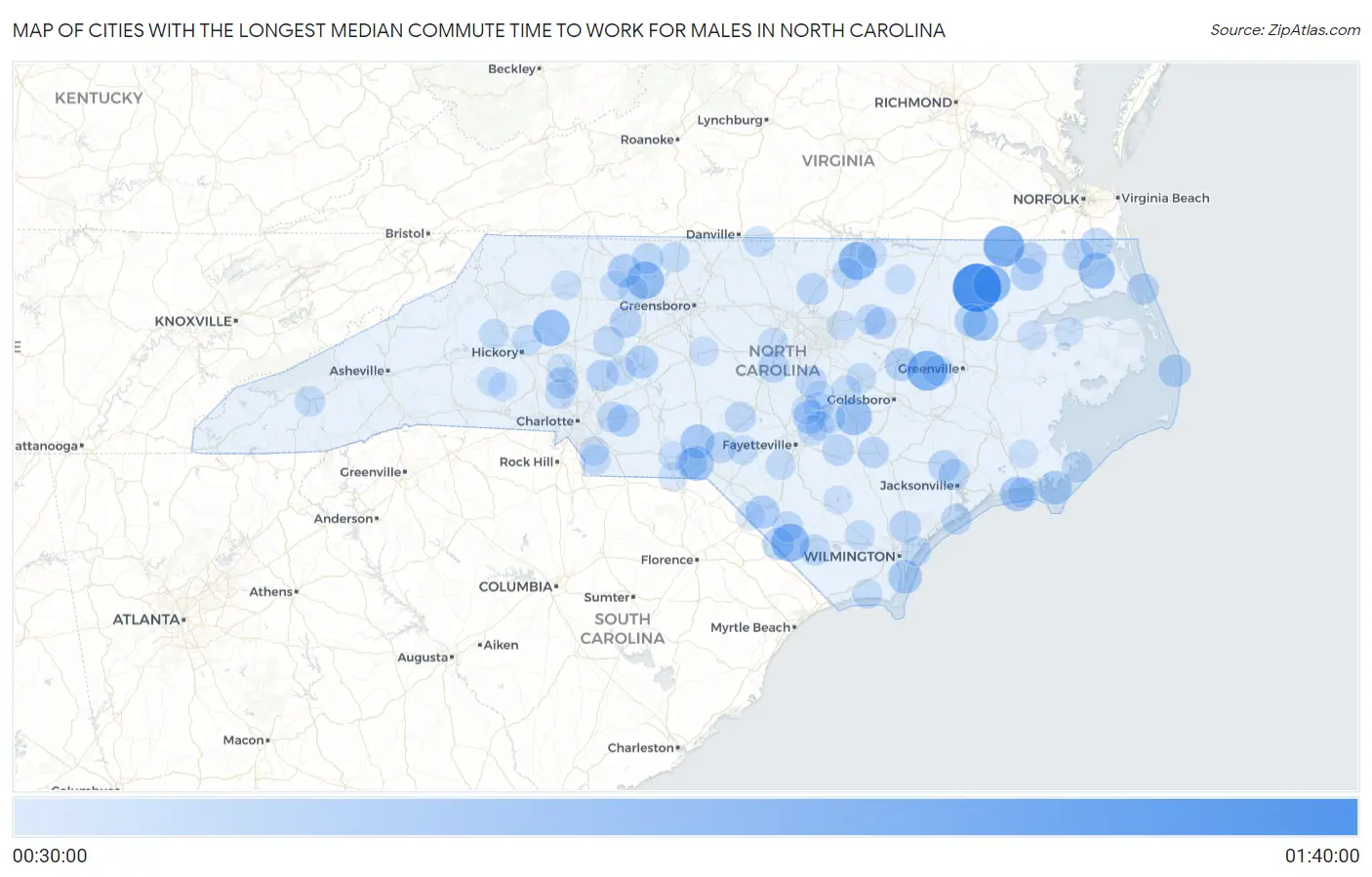Cities with the Longest Median Commute Time to Work for Males in North Carolina Map