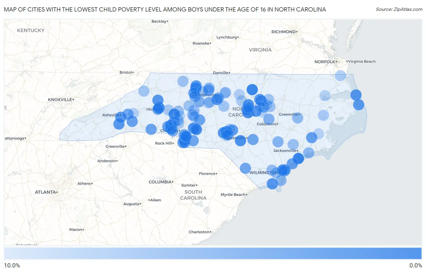 Cities with the Lowest Child Poverty Level Among Boys Under the Age of 16 in North Carolina Map