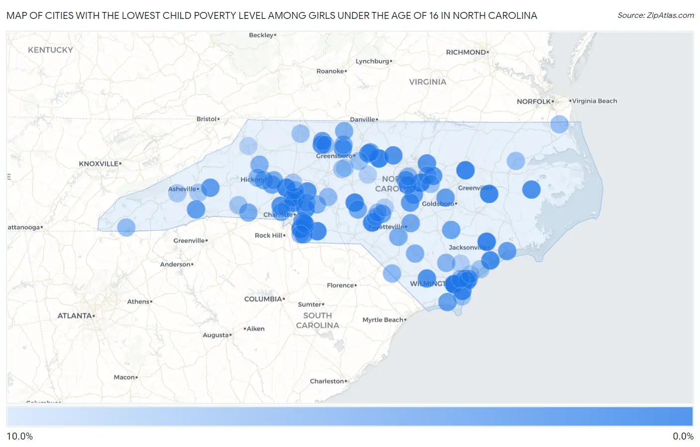 Cities with the Lowest Child Poverty Level Among Girls Under the Age of 16 in North Carolina Map
