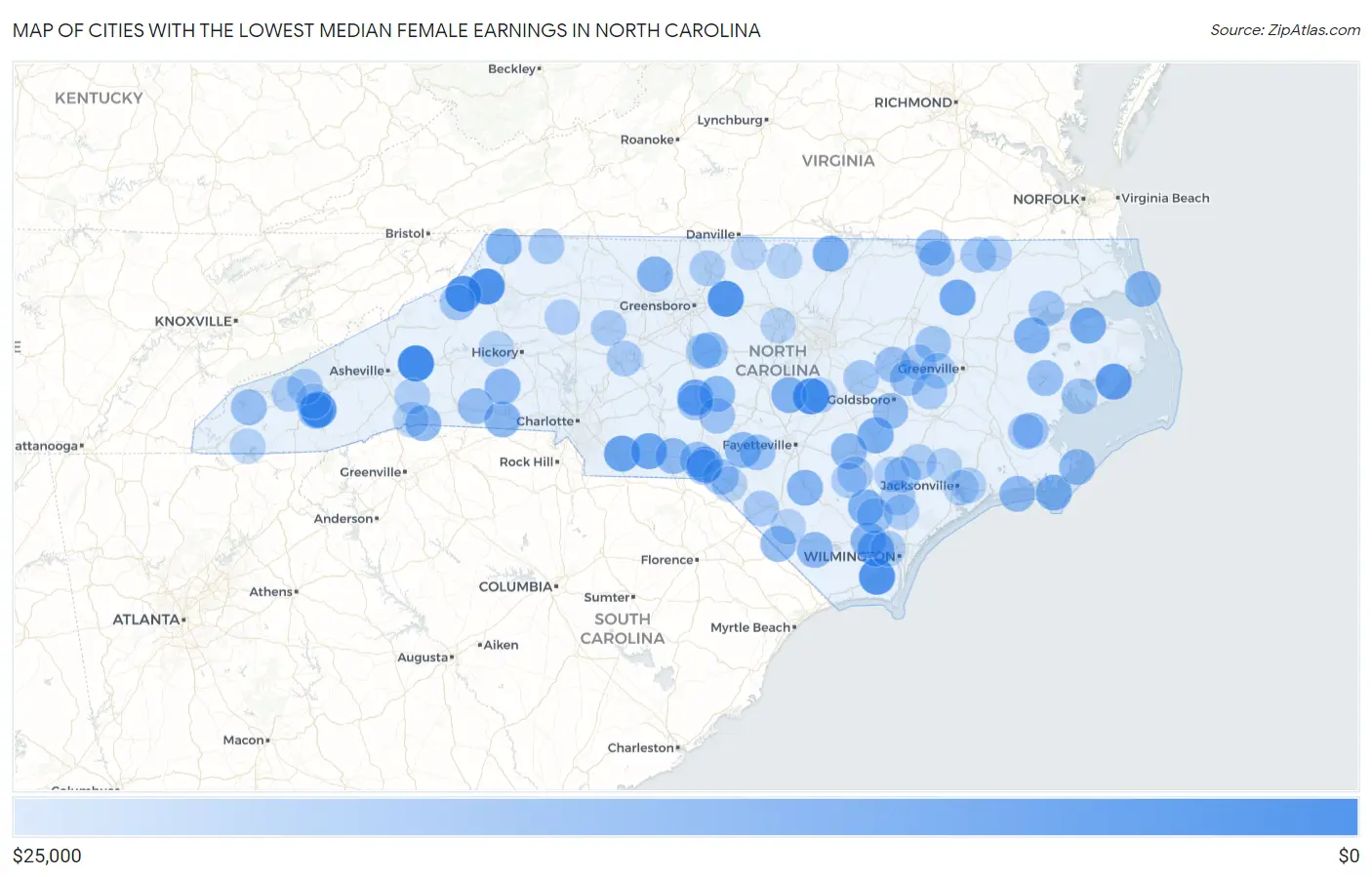 Cities with the Lowest Median Female Earnings in North Carolina Map