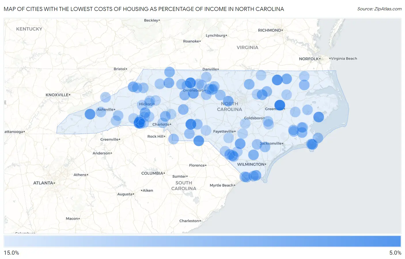Cities with the Lowest Costs of Housing as Percentage of Income in North Carolina Map