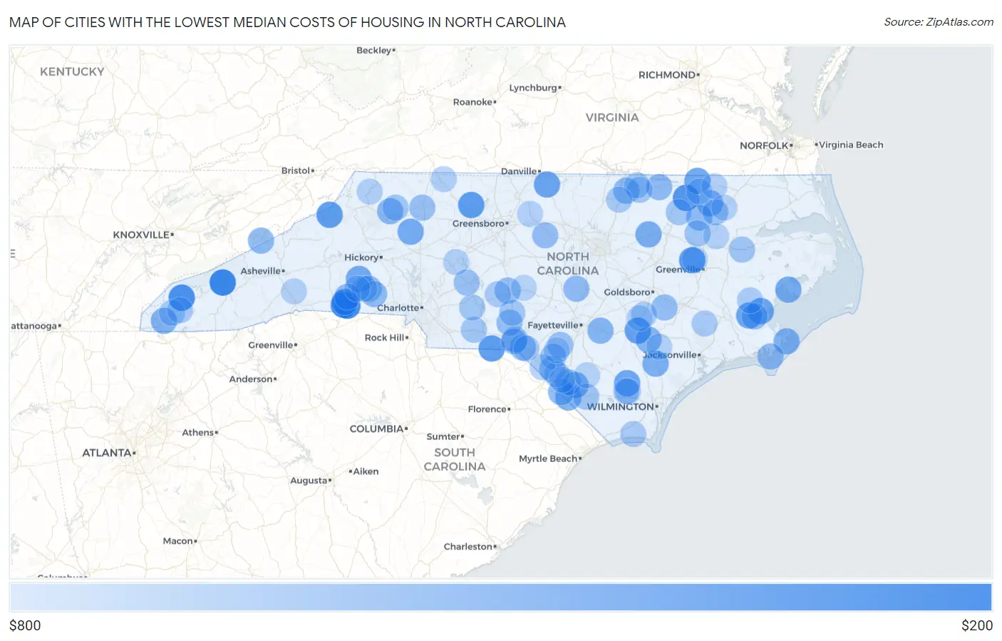 Cities with the Lowest Median Costs of Housing in North Carolina Map