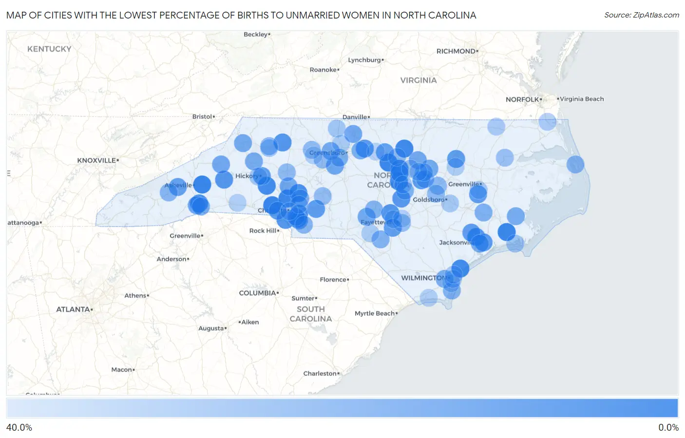 Cities with the Lowest Percentage of Births to Unmarried Women in North Carolina Map