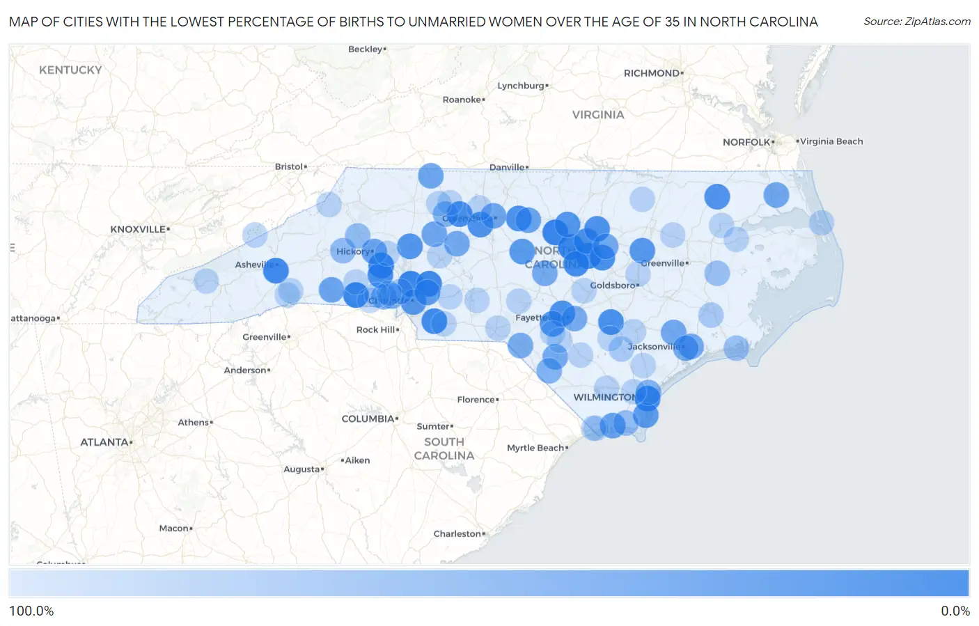 Cities with the Lowest Percentage of Births to Unmarried Women over the Age of 35 in North Carolina Map