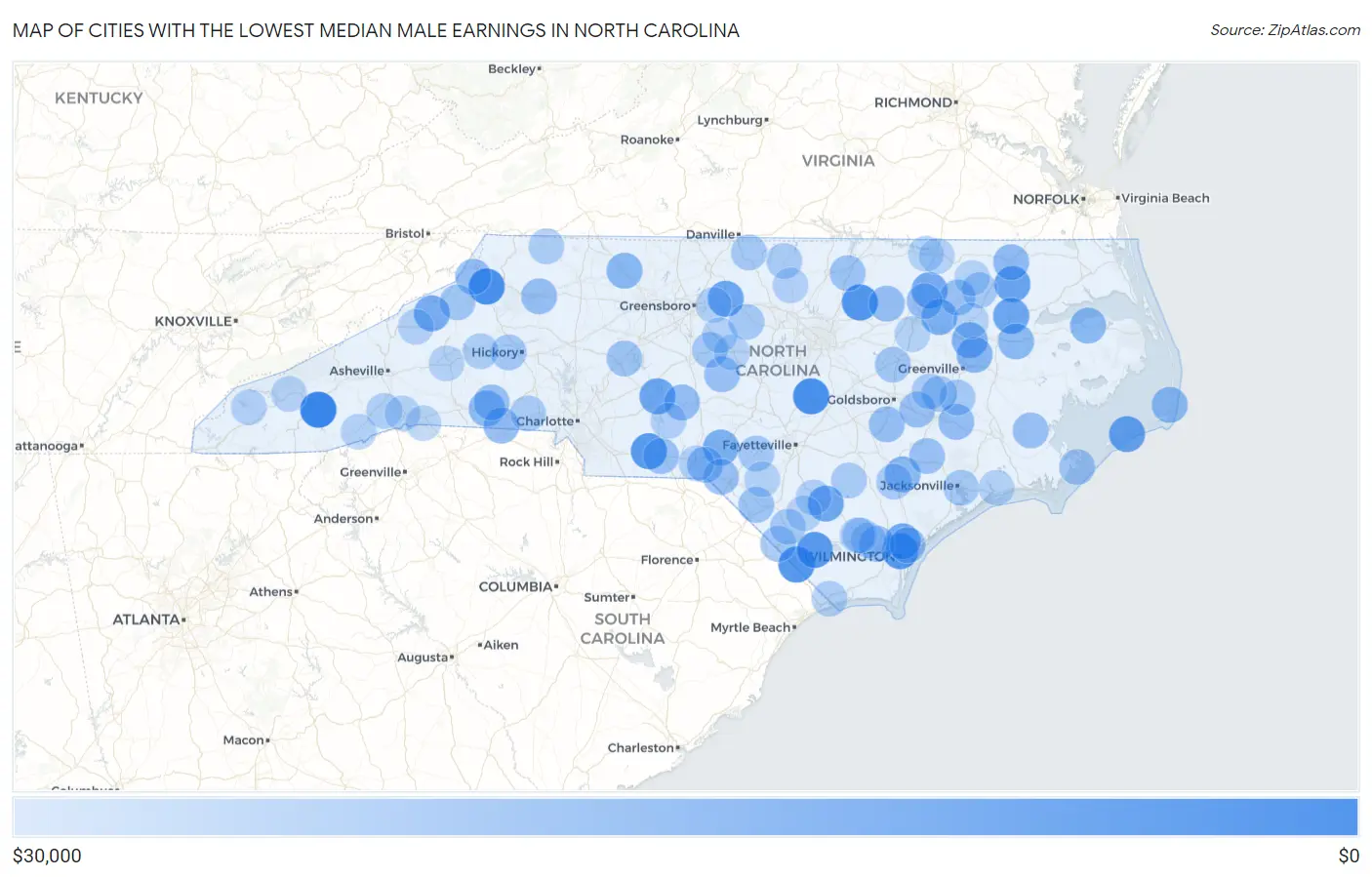 Cities with the Lowest Median Male Earnings in North Carolina Map