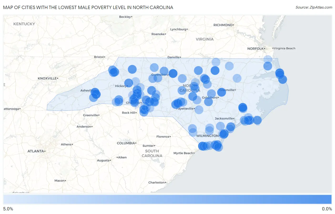 Cities with the Lowest Male Poverty Level in North Carolina Map