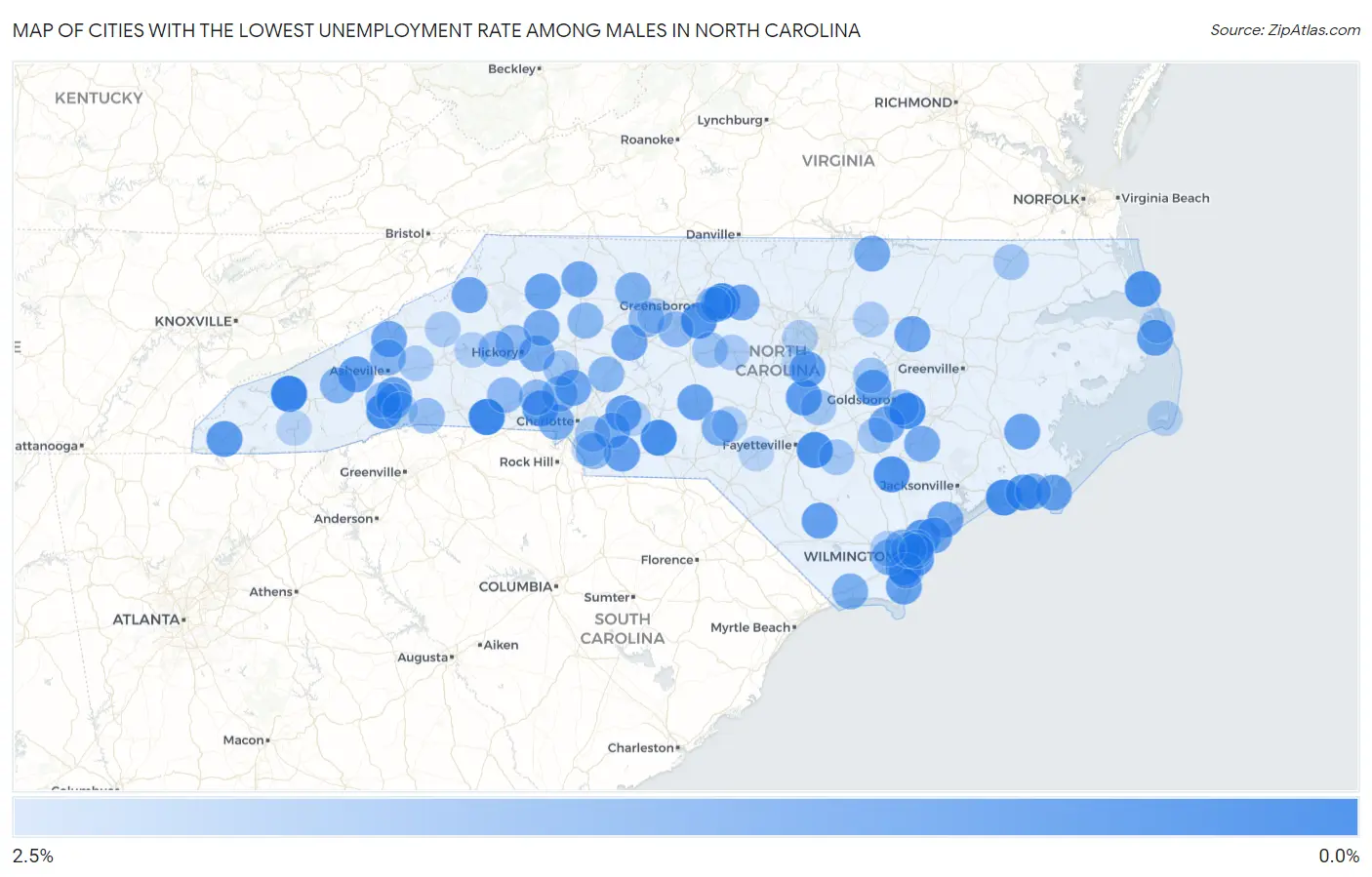 Cities with the Lowest Unemployment Rate Among Males in North Carolina Map