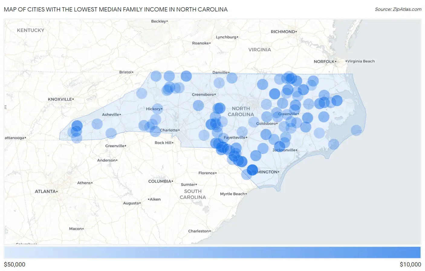 Cities with the Lowest Median Family Income in North Carolina Map