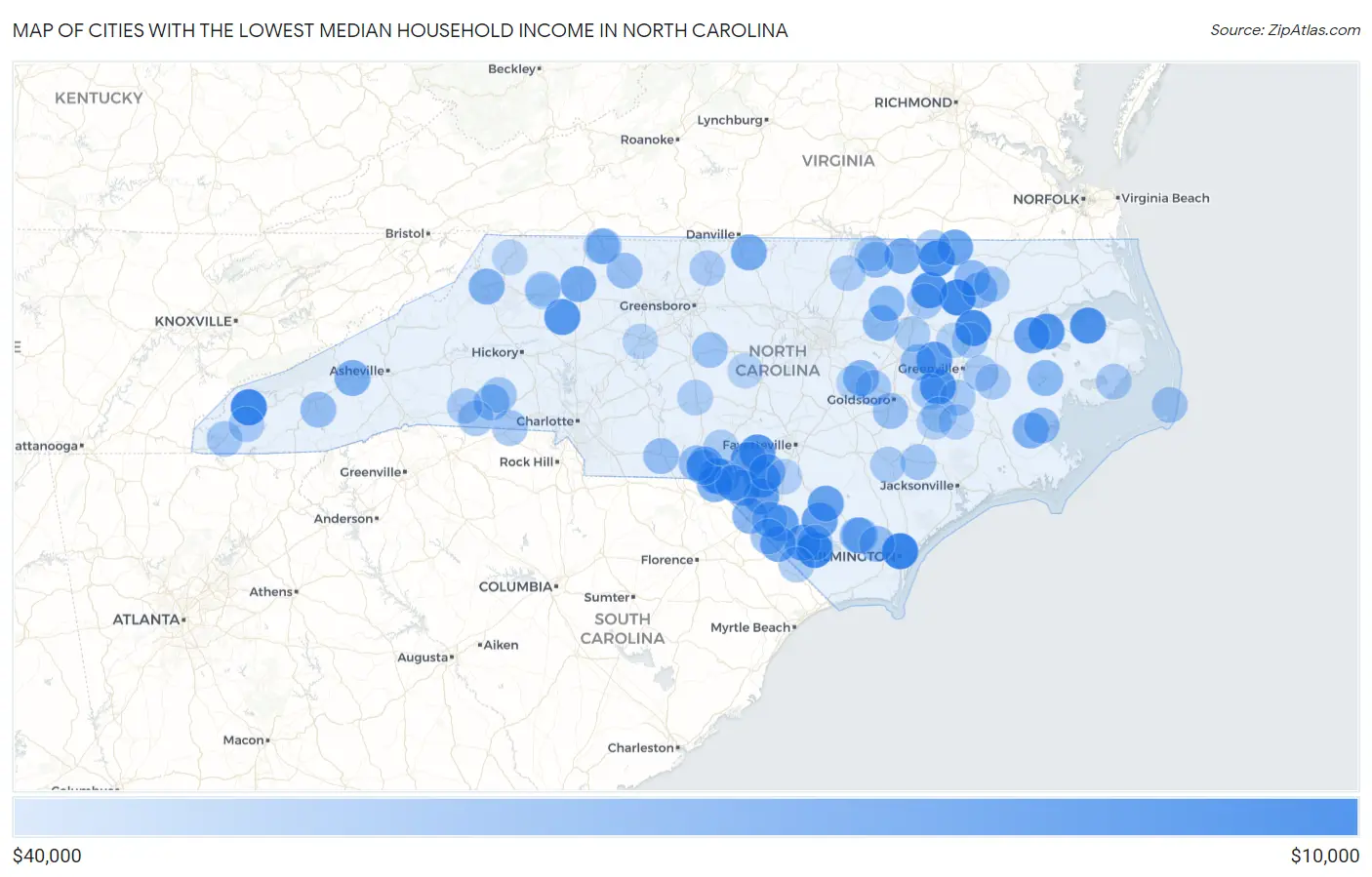 Cities with the Lowest Median Household Income in North Carolina Map