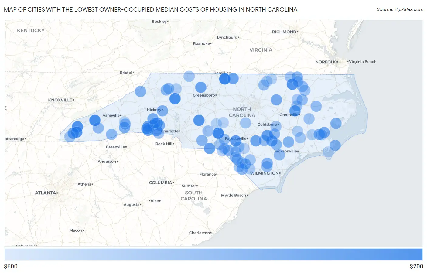Cities with the Lowest Owner-Occupied Median Costs of Housing in North Carolina Map