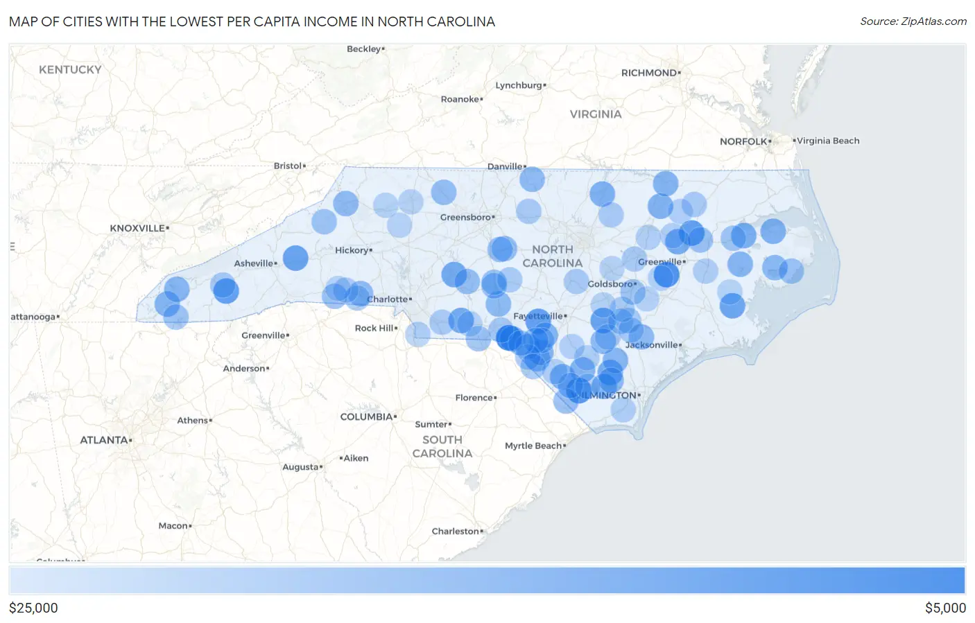 Cities with the Lowest Per Capita Income in North Carolina Map