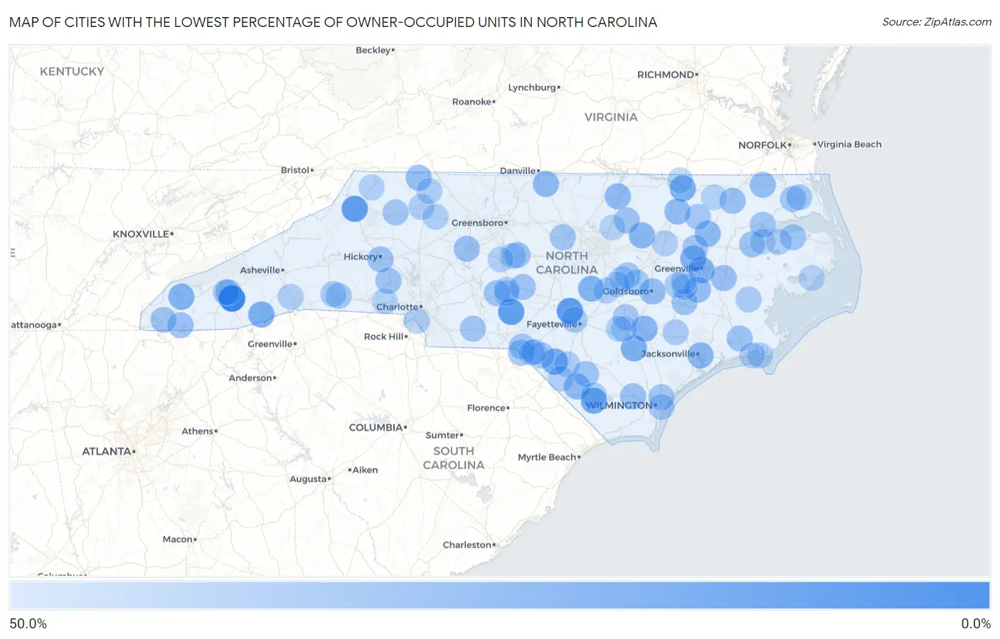 Cities with the Lowest Percentage of Owner-Occupied Units in North Carolina Map