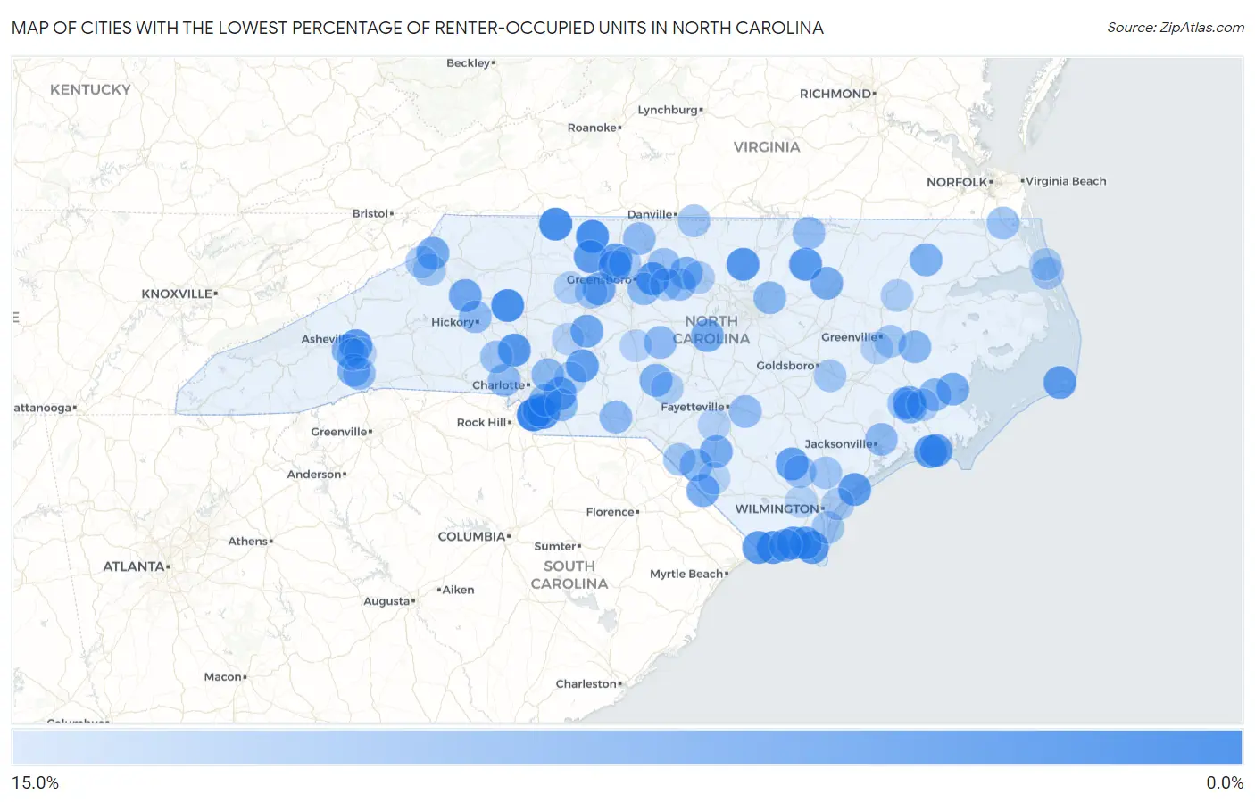 Cities with the Lowest Percentage of Renter-Occupied Units in North Carolina Map