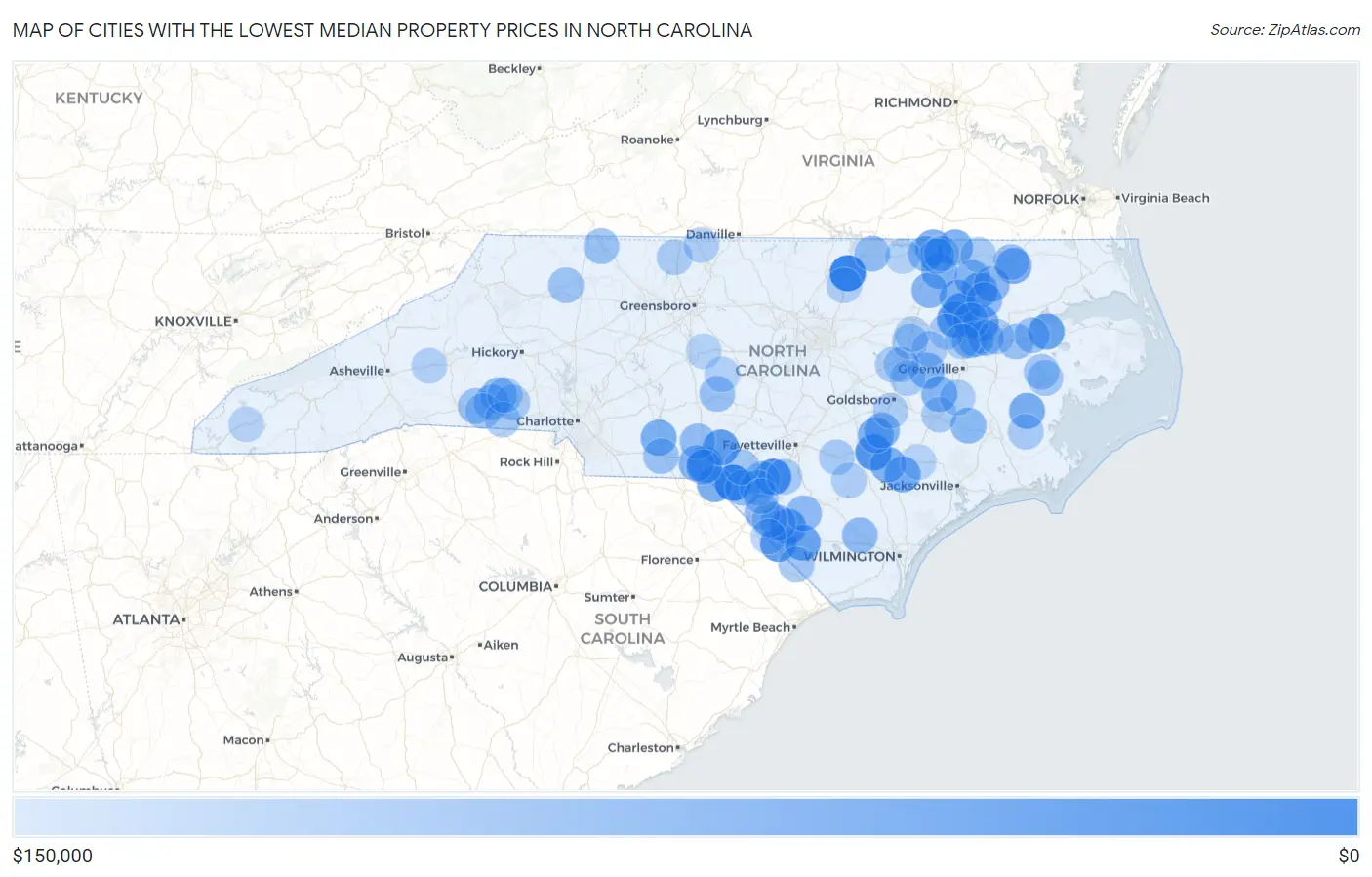 Cities with the Lowest Median Property Prices in North Carolina Map
