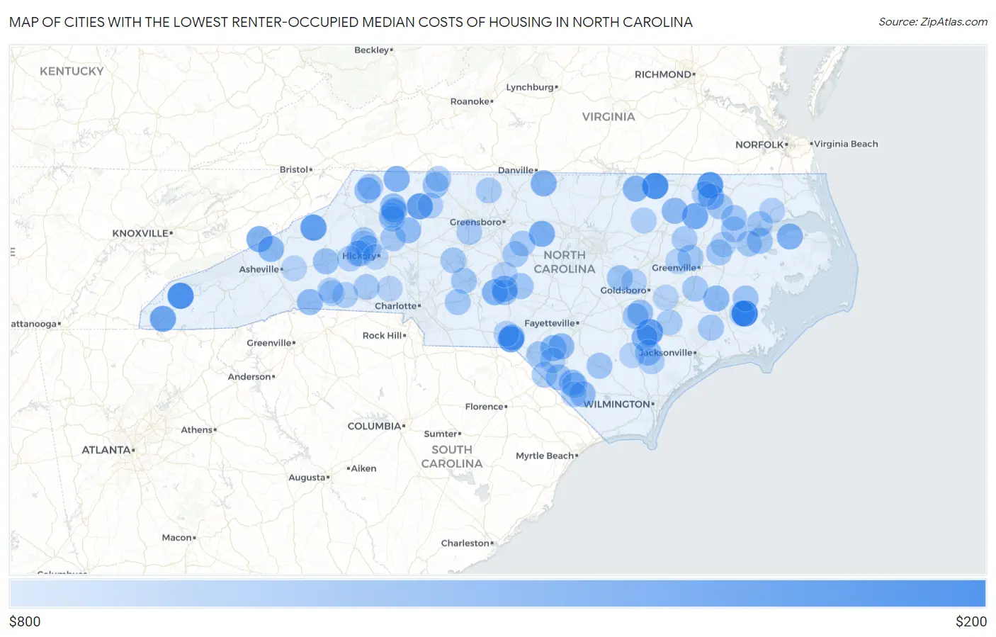 Cities with the Lowest Renter-Occupied Median Costs of Housing in North Carolina Map