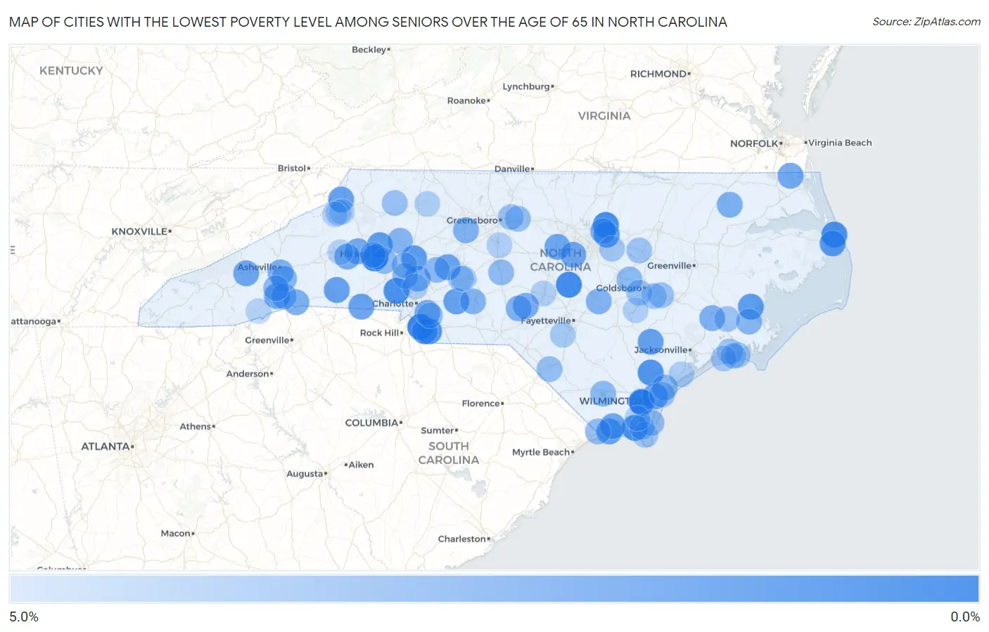 Cities with the Lowest Poverty Level Among Seniors Over the Age of 65 in North Carolina Map