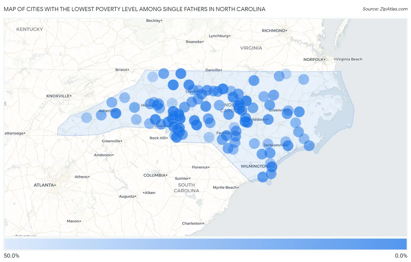 Cities with the Lowest Poverty Level Among Single Fathers in North Carolina Map