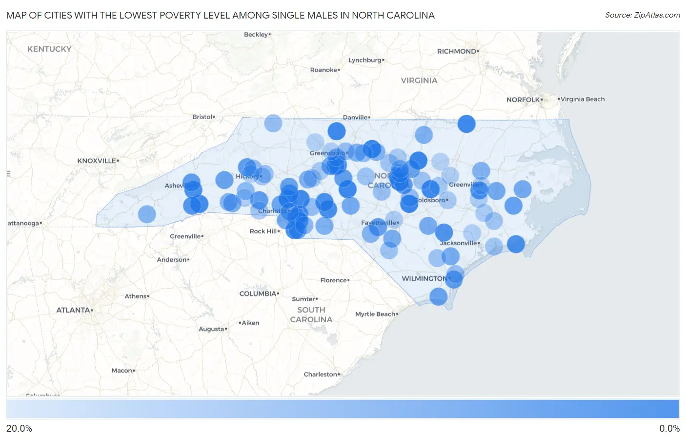 Cities with the Lowest Poverty Level Among Single Males in North Carolina Map
