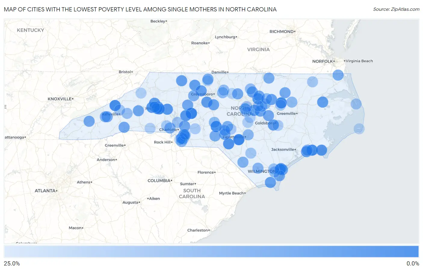 Cities with the Lowest Poverty Level Among Single Mothers in North Carolina Map