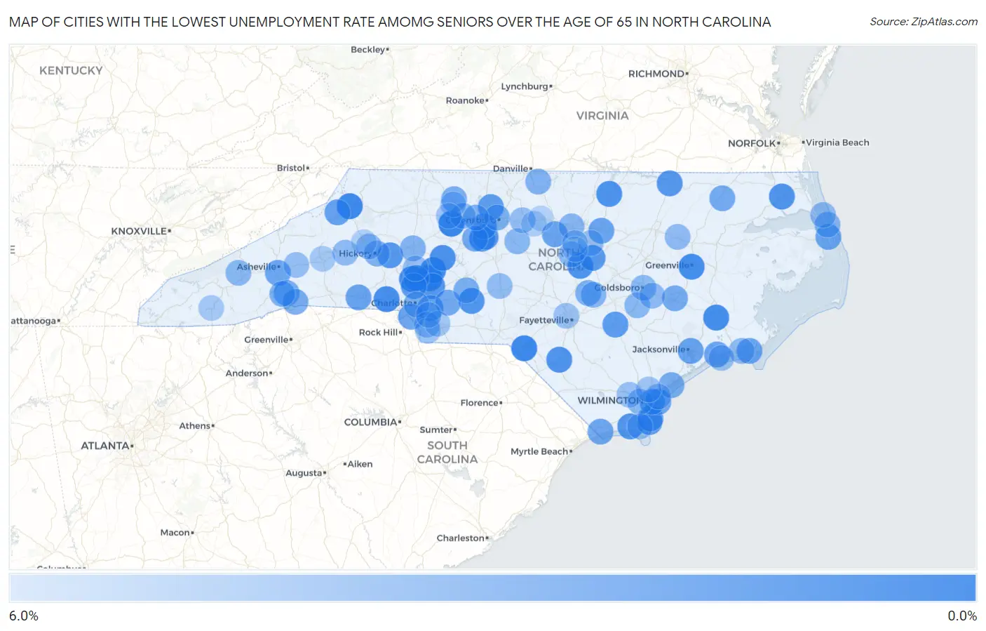 Cities with the Lowest Unemployment Rate Amomg Seniors Over the Age of 65 in North Carolina Map