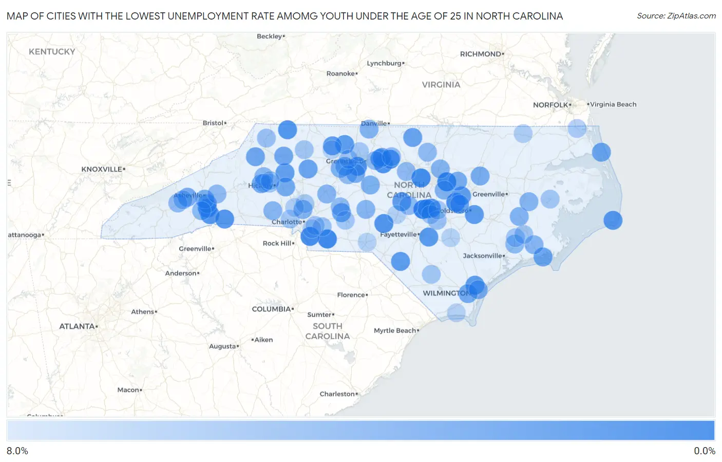 Cities with the Lowest Unemployment Rate Amomg Youth Under the Age of 25 in North Carolina Map