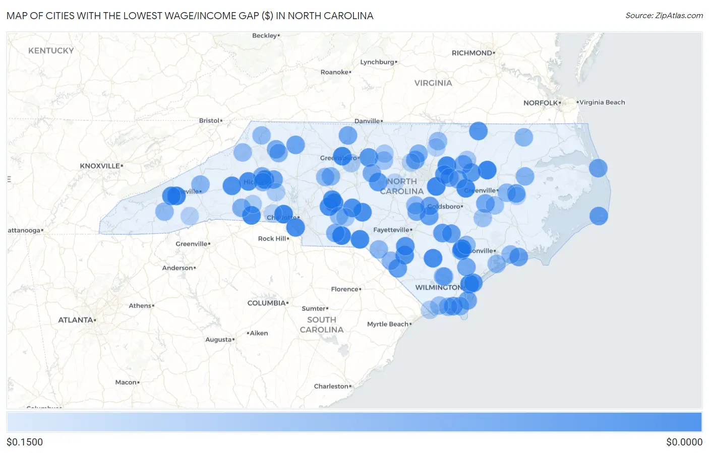 Cities with the Lowest Wage/Income Gap ($) in North Carolina Map