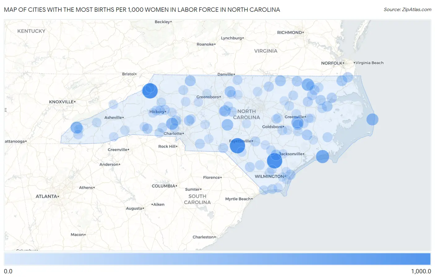 Cities with the Most Births per 1,000 Women in Labor Force in North Carolina Map