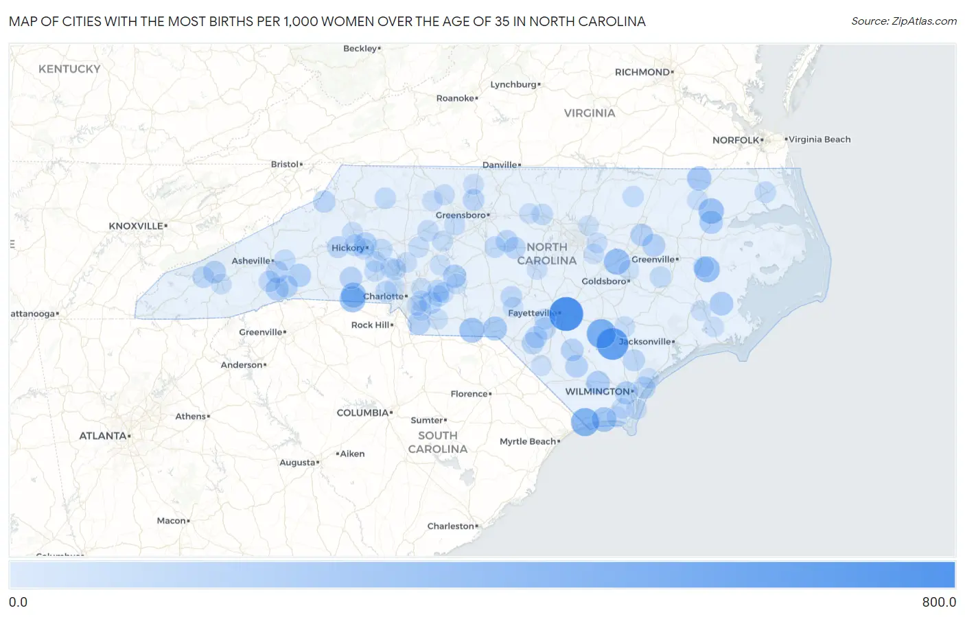 Cities with the Most Births per 1,000 Women Over the Age of 35 in North Carolina Map