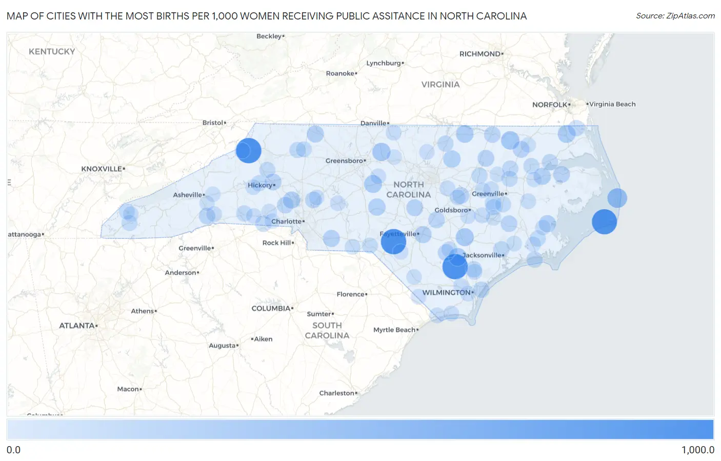 Cities with the Most Births per 1,000 Women Receiving Public Assitance in North Carolina Map